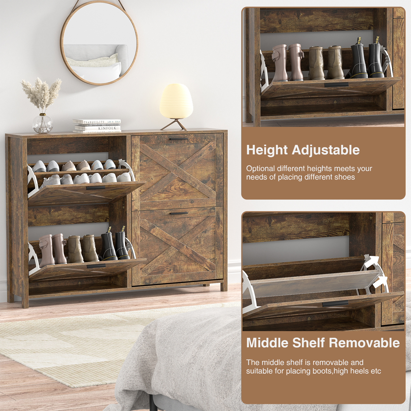 Large Shoe Storage Cabinet with 4 Flip Drawers, Narrow Shoe Cabinet for Entryway with Wooden Legs, Freestanding Hidden Shoe Rack Organizer ＆ Metal Hinges, Rustic Brown