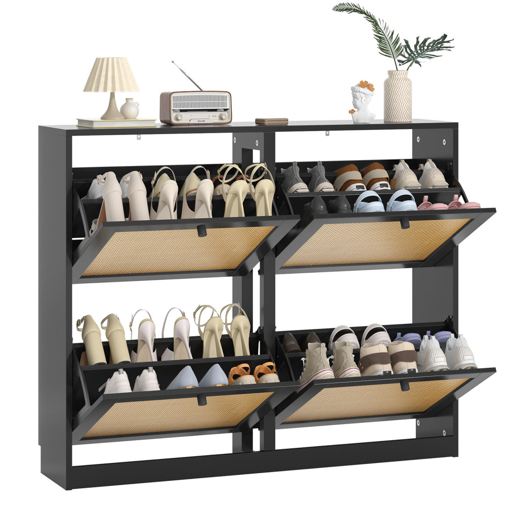 Rattan Shoe Storage Cabinet with 4 Flip Drawers, Freestanding Hidden Shoe Cabinet Organizer with Adjustable Shelf, Narrow Shoe Cabinet for Entryway Hallway Living Room