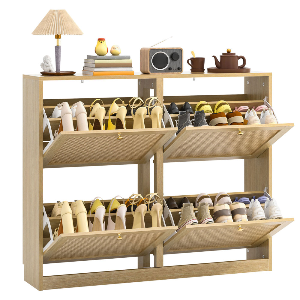 Rattan Shoe Storage Cabinet with 4 Flip Drawers, Freestanding Hidden Shoe Cabinet Organizer with Adjustable Shelf, Narrow Shoe Cabinet for Entryway Hallway Living Room