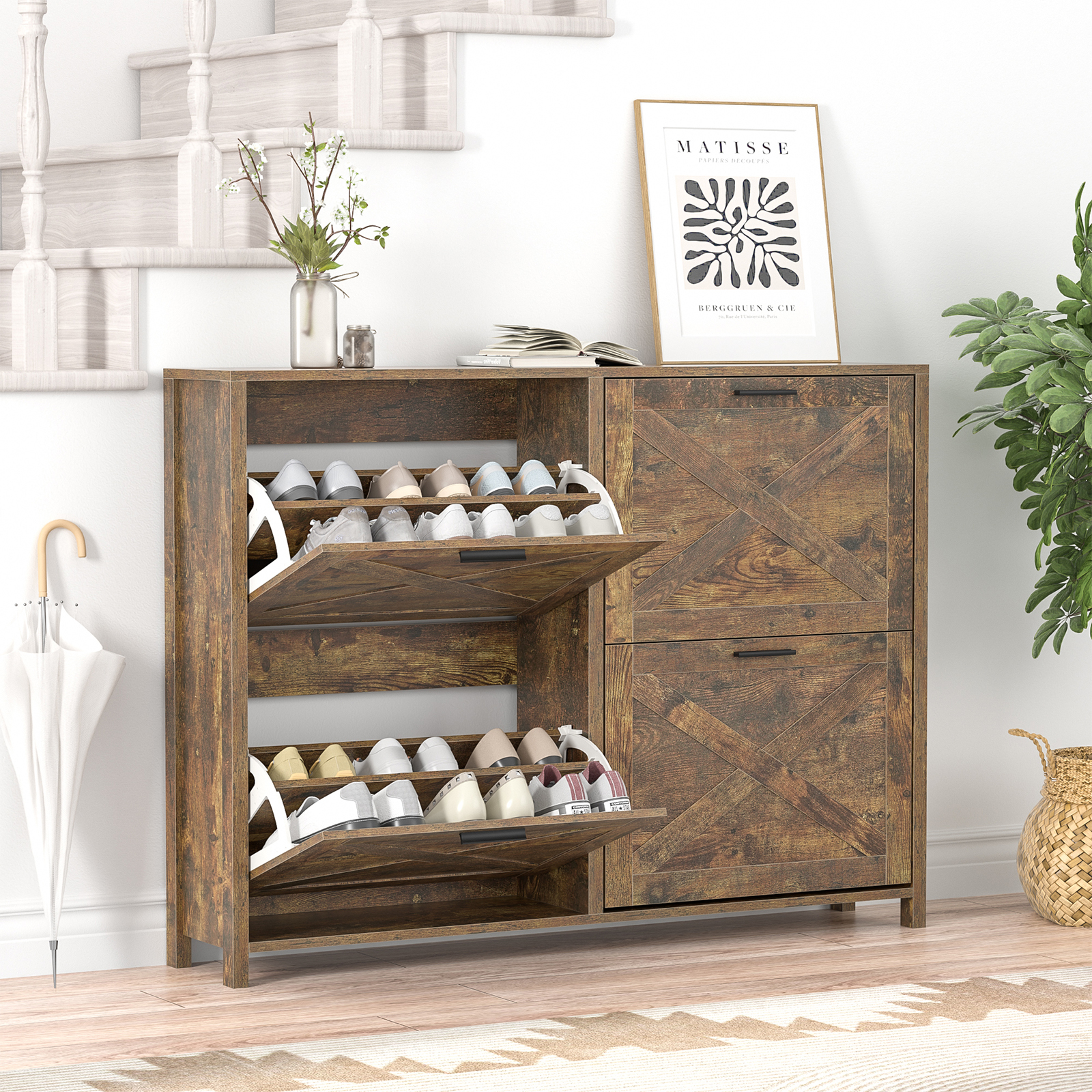Large Shoe Storage Cabinet with 4 Flip Drawers, Narrow Shoe Cabinet for Entryway with Wooden Legs, Freestanding Hidden Shoe Rack Organizer ＆ Metal Hinges, Rustic Brown