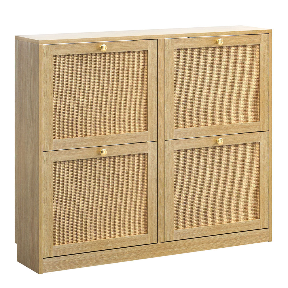Rattan Shoe Storage Cabinet with 4 Flip Drawers, Freestanding Hidden Shoe Cabinet Organizer with Adjustable Shelf, Narrow Shoe Cabinet for Entryway Hallway Living Room