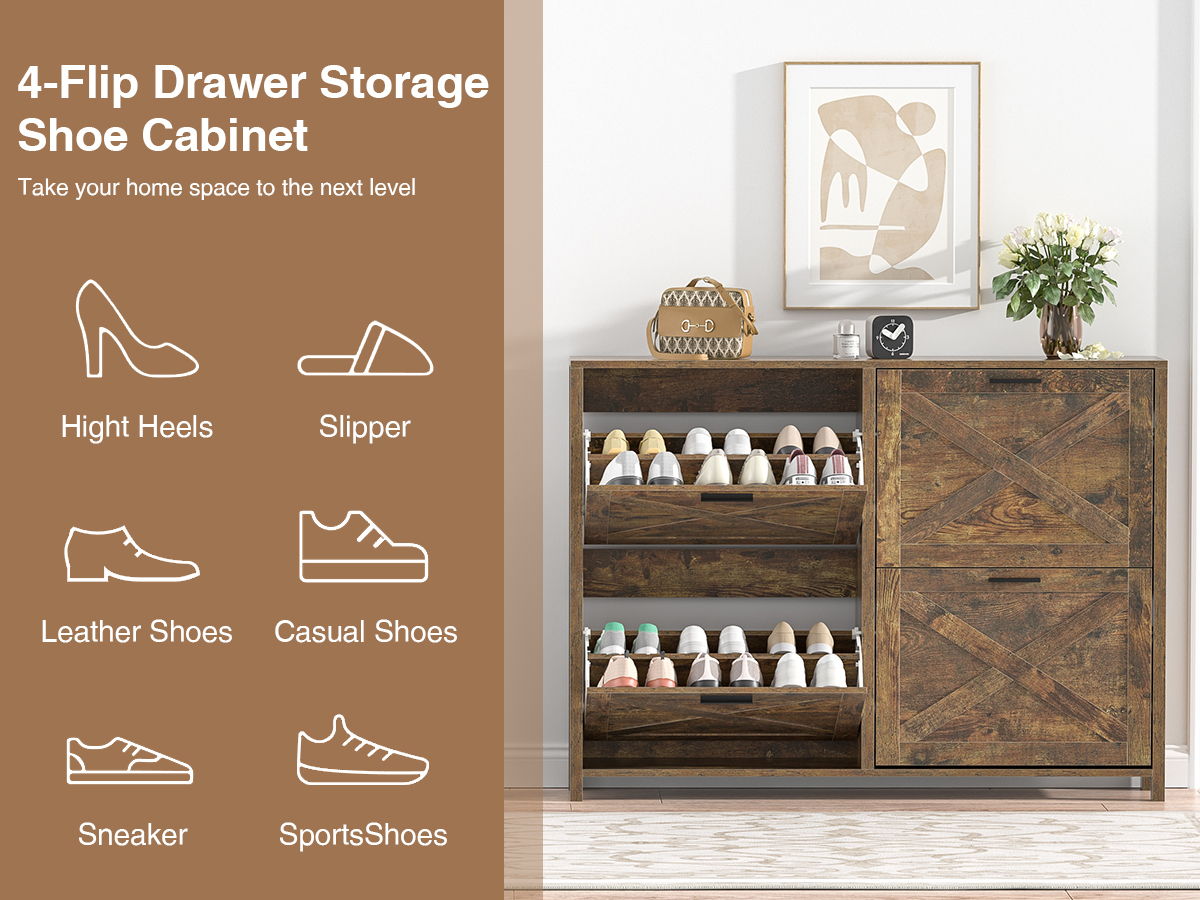Large Shoe Storage Cabinet with 4 Flip Drawers, Narrow Shoe Cabinet for Entryway with Wooden Legs, Freestanding Hidden Shoe Rack Organizer ＆ Metal Hinges, Rustic Brown