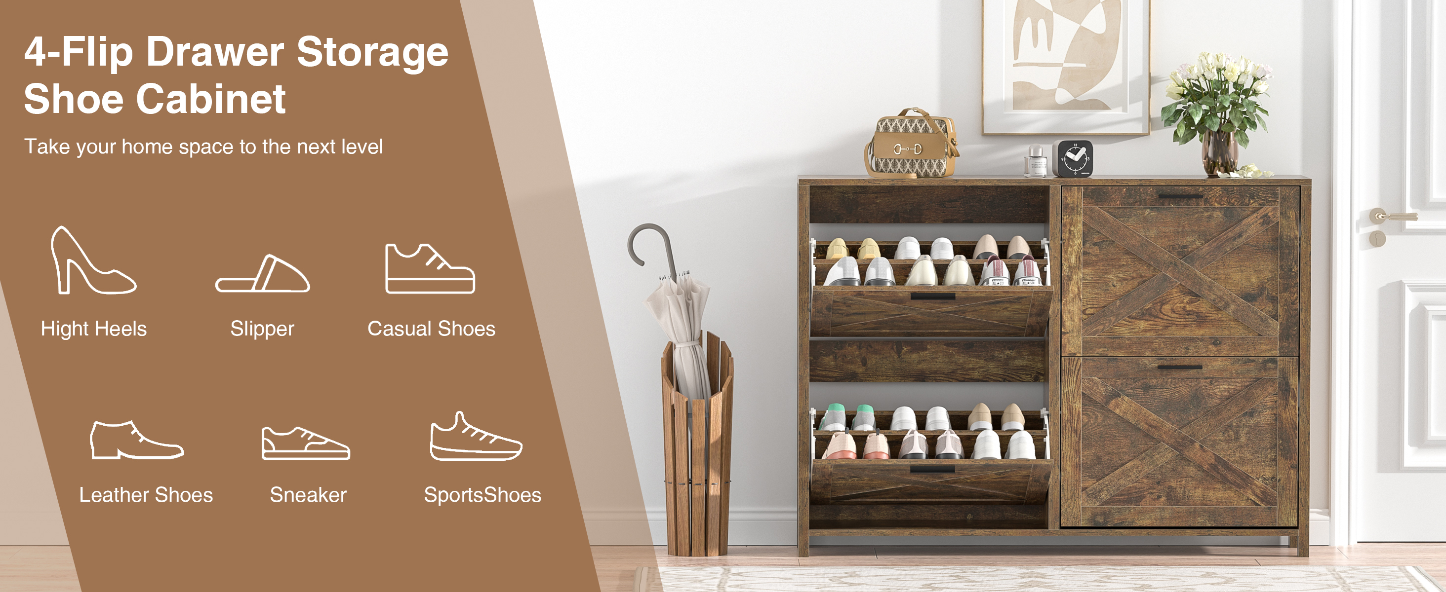 Large Shoe Storage Cabinet with 4 Flip Drawers, Narrow Shoe Cabinet for Entryway with Wooden Legs, Freestanding Hidden Shoe Rack Organizer ＆ Metal Hinges, Rustic Brown