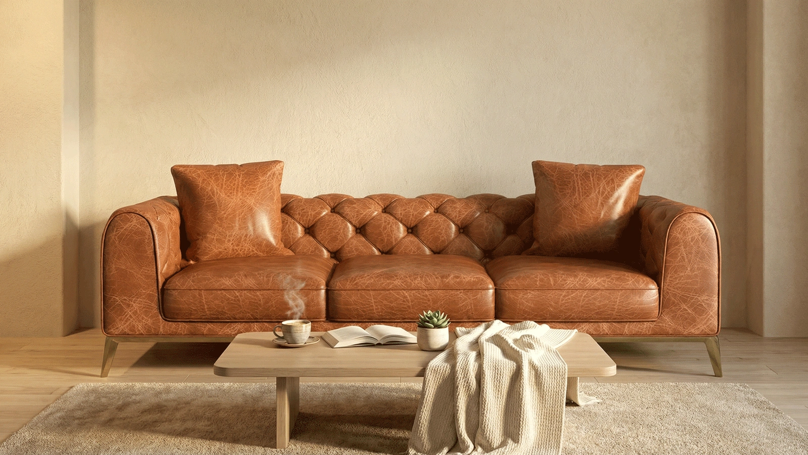 Stylish Three-Seater Brown Leather Sofa with Button-Tufted Backrest, Gold Metal Legs - Modern Mid-Century Classic Design for Living Room, Lounge