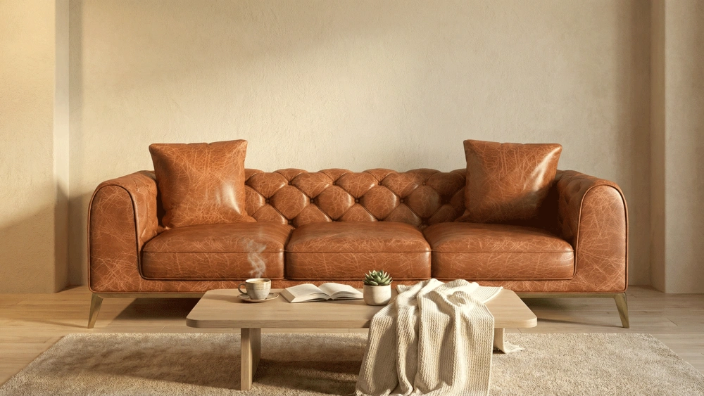 Stylish Three-Seater Brown Leather Sofa with Button-Tufted Backrest, Gold Metal Legs - Modern Mid-Century Classic Design for Living Room, Lounge