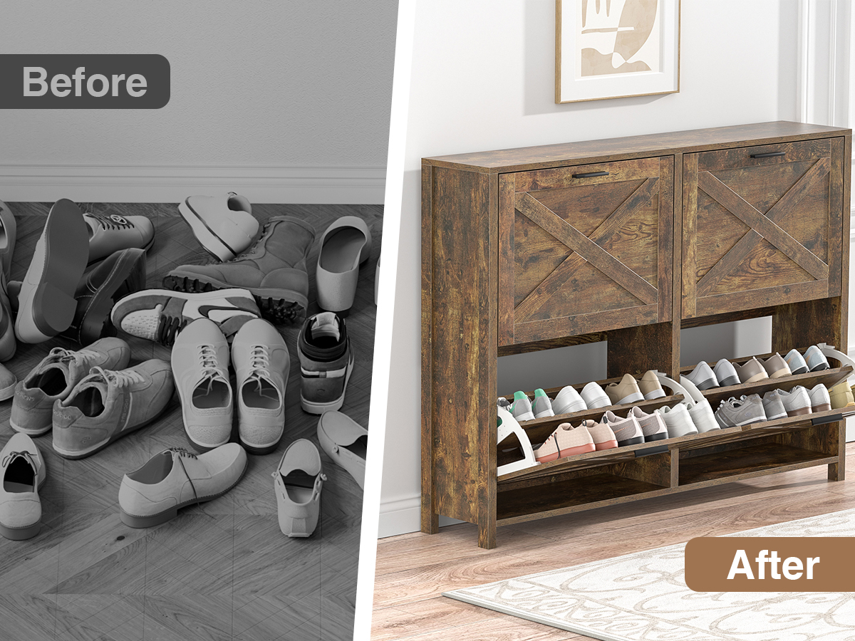 Large Shoe Storage Cabinet with 4 Flip Drawers, Narrow Shoe Cabinet for Entryway with Wooden Legs, Freestanding Hidden Shoe Rack Organizer ＆ Metal Hinges, Rustic Brown