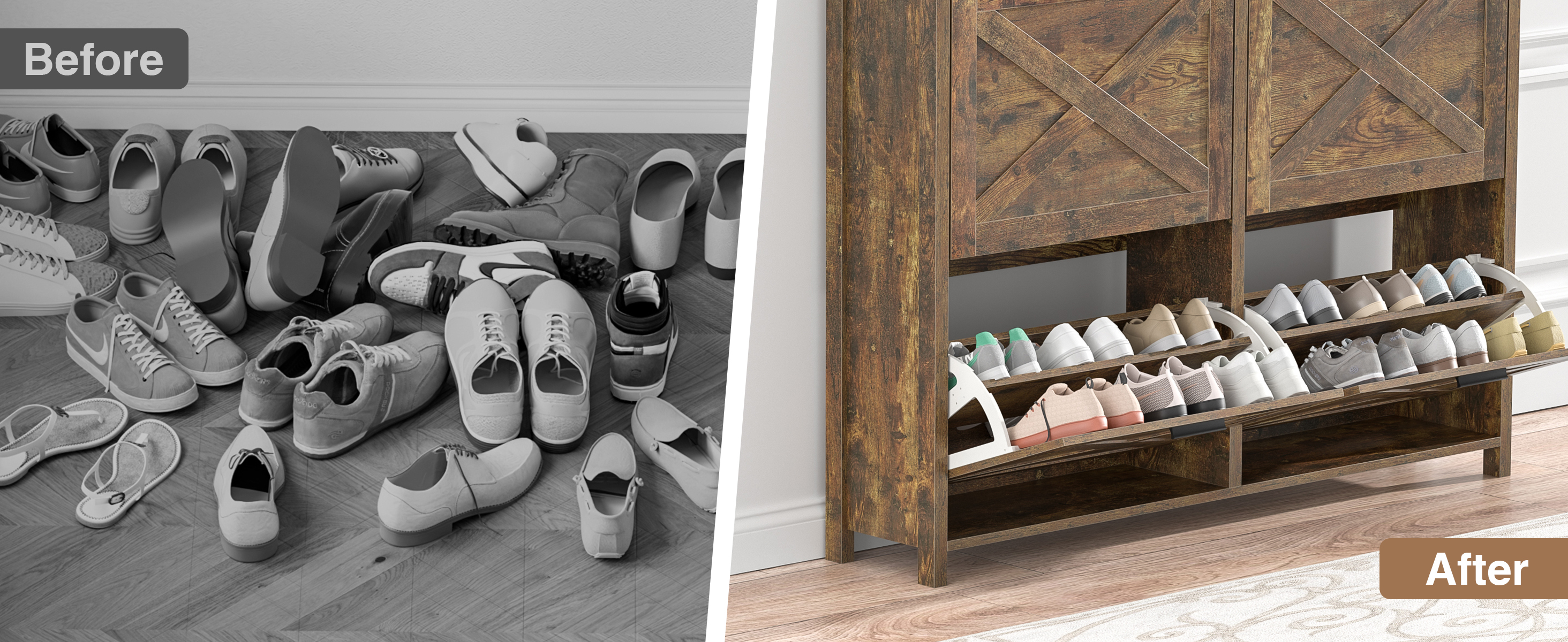 Large Shoe Storage Cabinet with 4 Flip Drawers, Narrow Shoe Cabinet for Entryway with Wooden Legs, Freestanding Hidden Shoe Rack Organizer ＆ Metal Hinges, Rustic Brown