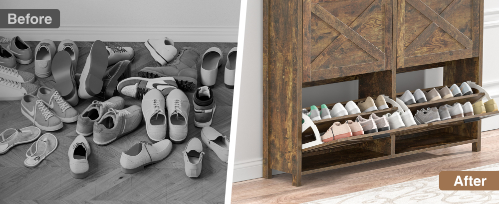 Large Shoe Storage Cabinet with 4 Flip Drawers, Narrow Shoe Cabinet for Entryway with Wooden Legs, Freestanding Hidden Shoe Rack Organizer ＆ Metal Hinges, Rustic Brown