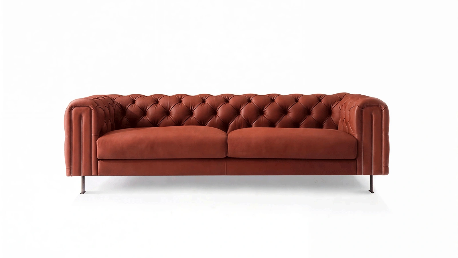 Deep Sienna Brown Genuine Leather Sofa, 4-Seater Tufted Back Couch with Chrome Legs, Modern Classic Button Tufted Chesterfield Style for Living Room, Lounge, Apartment