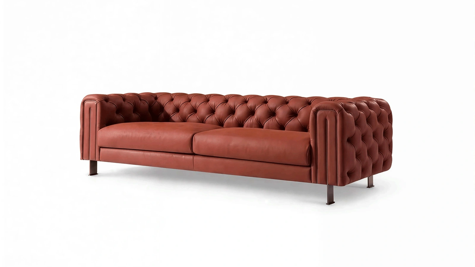 Deep Sienna Brown Genuine Leather Sofa, 4-Seater Tufted Back Couch with Chrome Legs, Modern Classic Button Tufted Chesterfield Style for Living Room, Lounge, Apartment