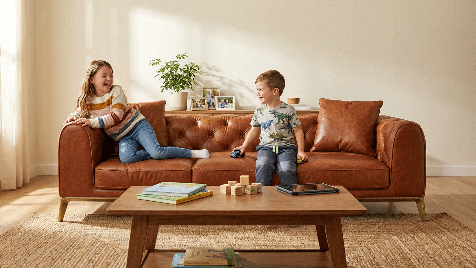 Stylish Three-Seater Brown Leather Sofa with Button-Tufted Backrest, Gold Metal Legs - Modern Mid-Century Classic Design for Living Room, Lounge
