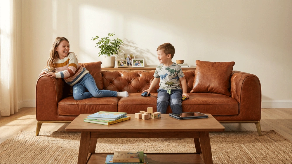 Stylish Three-Seater Brown Leather Sofa with Button-Tufted Backrest, Gold Metal Legs - Modern Mid-Century Classic Design for Living Room, Lounge