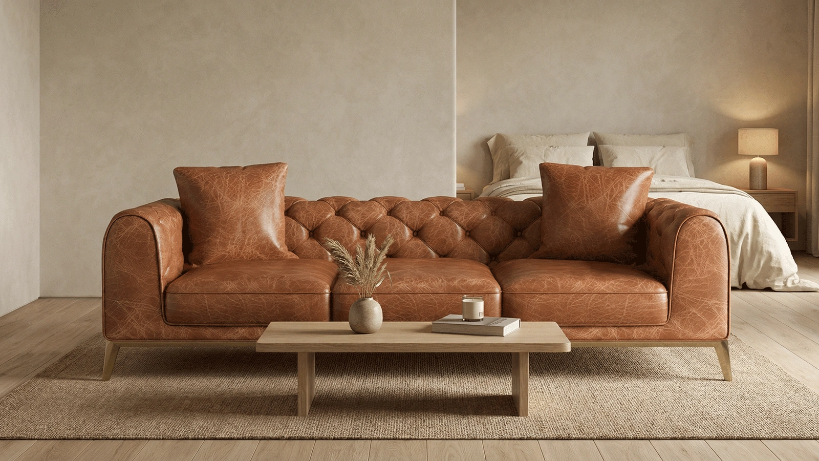 Stylish Three-Seater Brown Leather Sofa with Button-Tufted Backrest, Gold Metal Legs - Modern Mid-Century Classic Design for Living Room, Lounge
