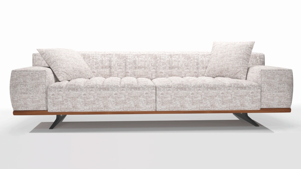 Modern 3-Seater White Fabric Sofa with Wood Base and Metal Legs, Tufted Upholstery Accent Chair, Minimalist Living Room Couch for Apartment, Mid-Century Inspired Design