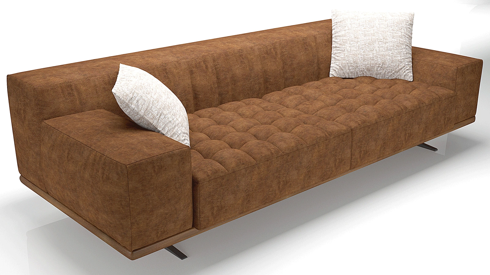 Modern Brown Fabric 3-Seater Sofa with Wide Arms, Wood Trim and Black Metal Legs, Plush Upholstered Living Room Couch, Minimalist Clean-Lined Design