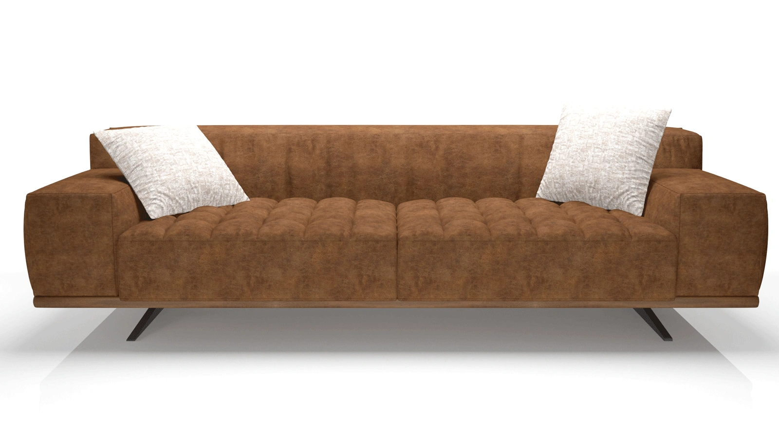 Modern Brown Fabric 3-Seater Sofa with Wide Arms, Wood Trim and Black Metal Legs, Plush Upholstered Living Room Couch, Minimalist Clean-Lined Design