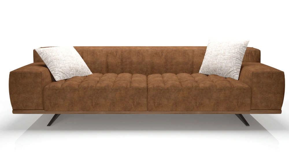 Modern Brown Fabric 3-Seater Sofa with Wide Arms, Wood Trim and Black Metal Legs, Plush Upholstered Living Room Couch, Minimalist Clean-Lined Design