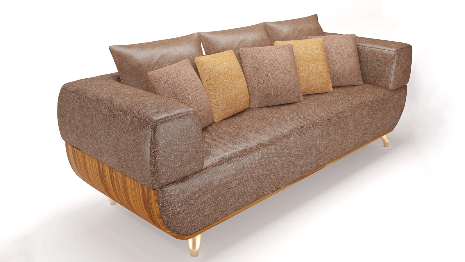 Modern Warm Brown Fabric Sofa with Rounded Silhouette, Golden Metal Legs & 5 Accent Pillows, Soft Textured Chenille Upholstery, Cozy Living Room Centerpiece