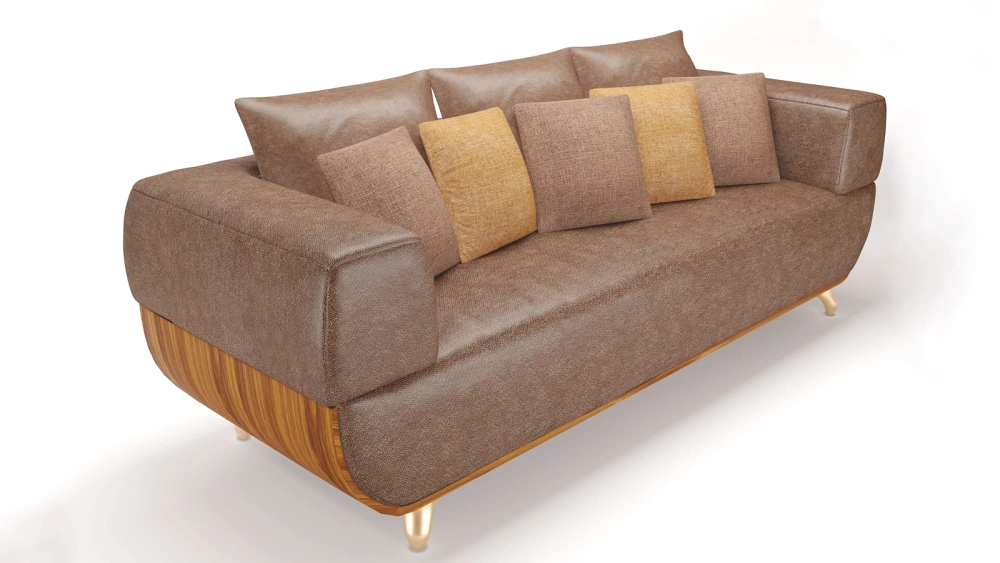 Modern Warm Brown Fabric Sofa with Rounded Silhouette, Golden Metal Legs & 5 Accent Pillows, Soft Textured Chenille Upholstery, Cozy Living Room Centerpiece
