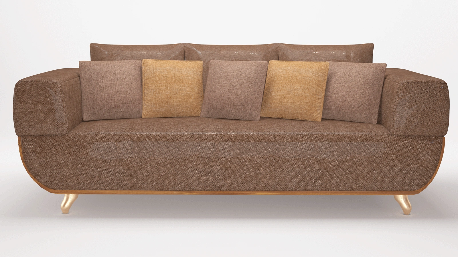 Modern Warm Brown Fabric Sofa with Rounded Silhouette, Golden Metal Legs & 5 Accent Pillows, Soft Textured Chenille Upholstery, Cozy Living Room Centerpiece