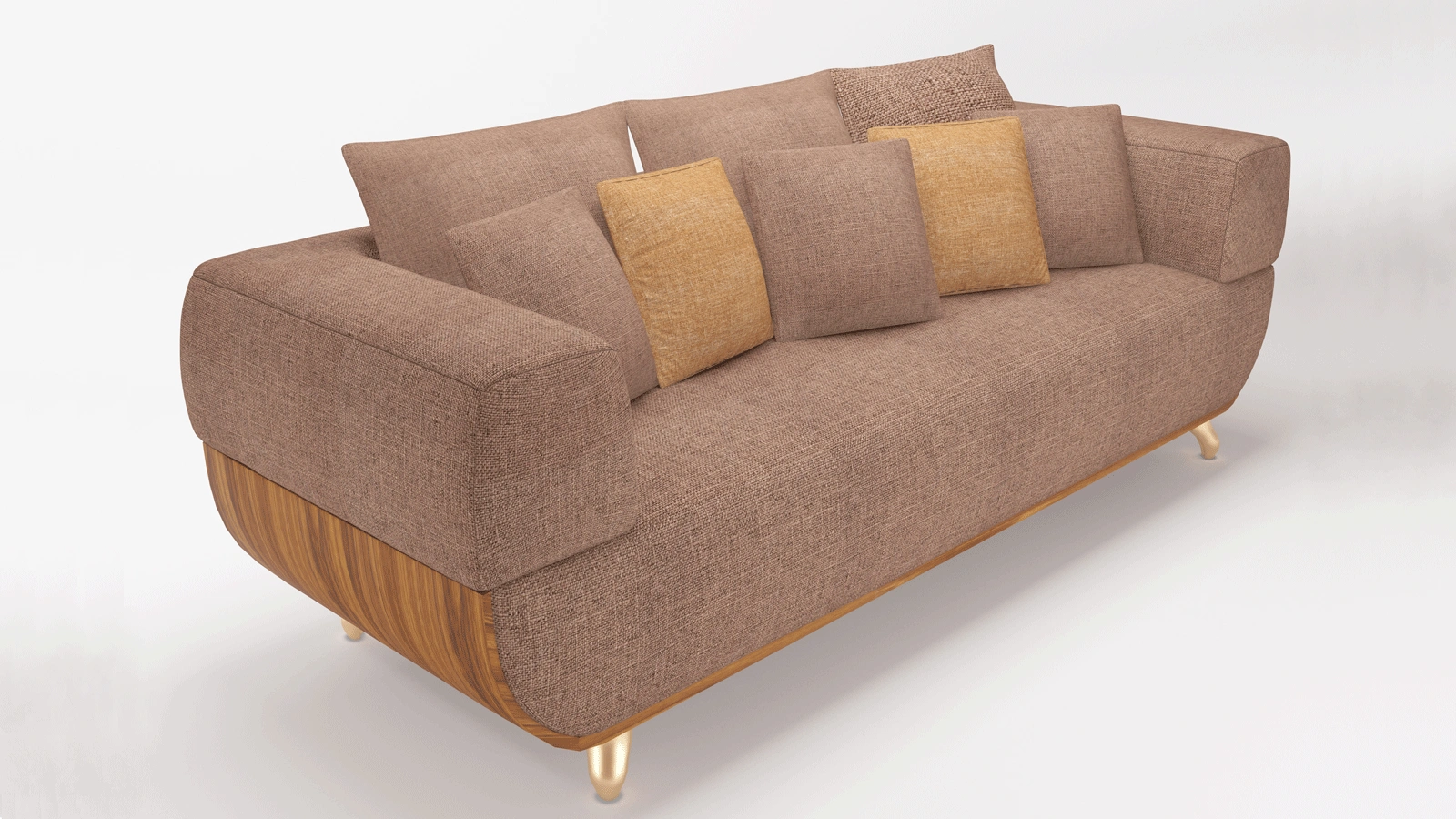 Modern Warm Brown Fabric Sofa with Rounded Silhouette, Golden Metal Legs & 5 Accent Pillows, Soft Textured Chenille Upholstery, Cozy Living Room Centerpiece