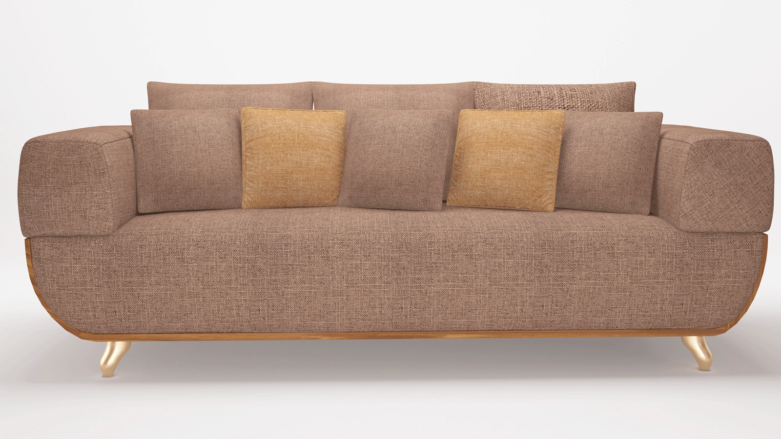 Modern Warm Brown Fabric Sofa with Rounded Silhouette, Golden Metal Legs & 5 Accent Pillows, Soft Textured Chenille Upholstery, Cozy Living Room Centerpiece