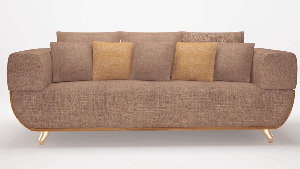Modern Warm Brown Fabric Sofa with Rounded Silhouette, Golden Metal Legs & 5 Accent Pillows, Soft Textured Chenille Upholstery, Cozy Living Room Centerpiece