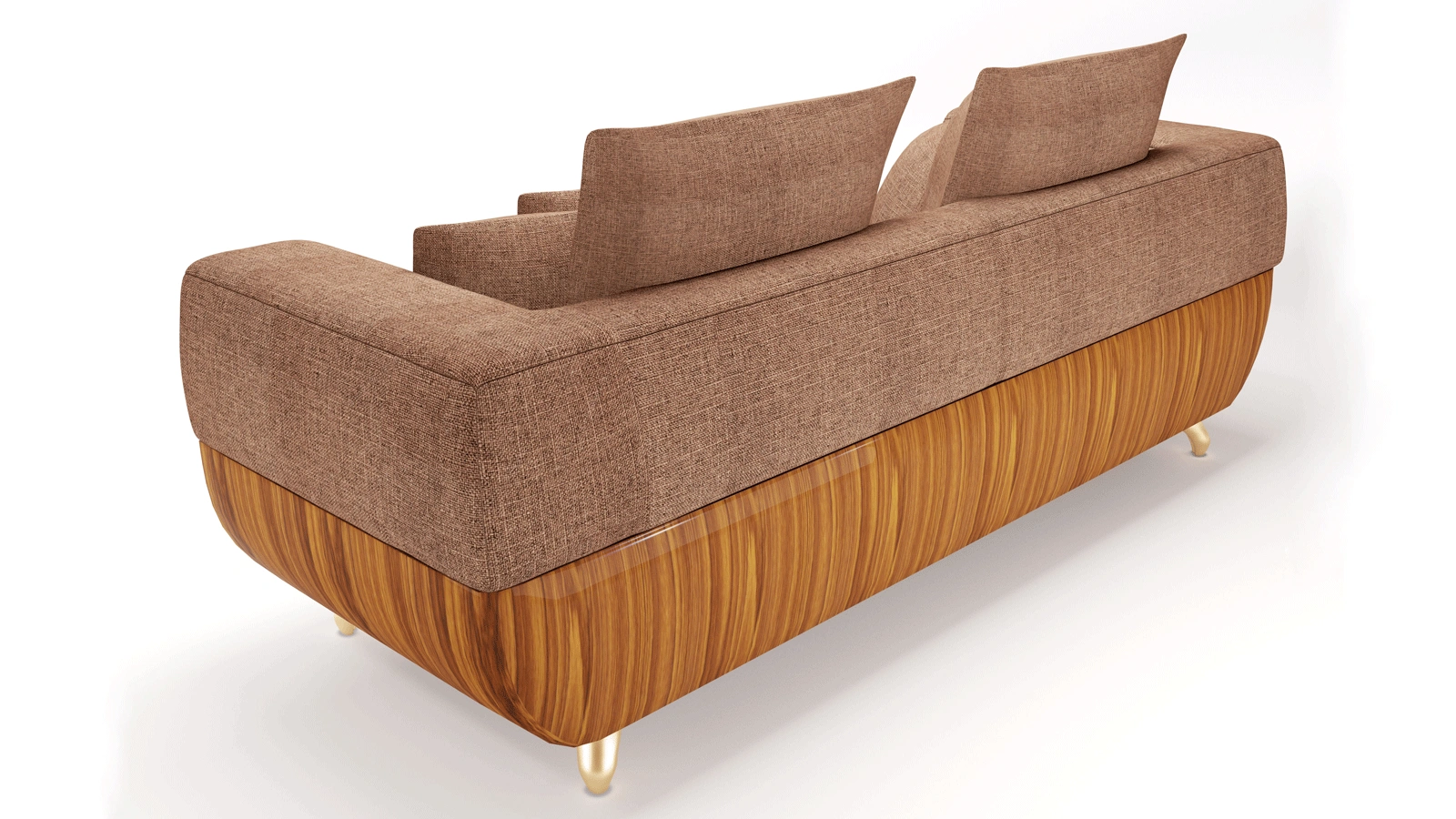 Modern Warm Brown Fabric Sofa with Rounded Silhouette, Golden Metal Legs & 5 Accent Pillows, Soft Textured Chenille Upholstery, Cozy Living Room Centerpiece