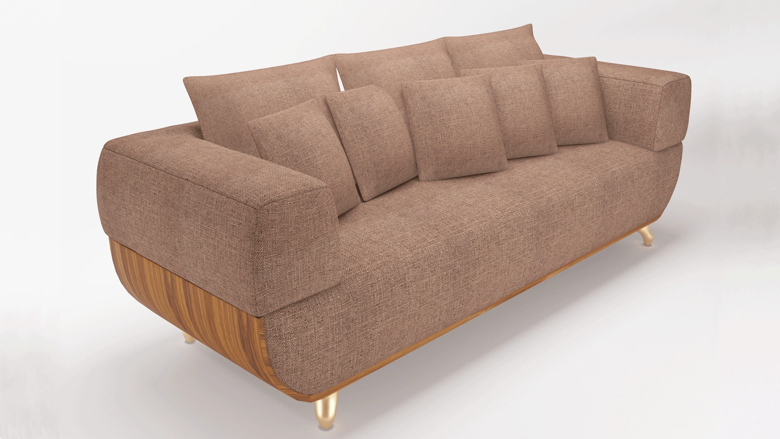 Modern Warm Brown Fabric Sofa with Rounded Silhouette, Golden Metal Legs & 5 Accent Pillows, Soft Textured Chenille Upholstery, Cozy Living Room Centerpiece