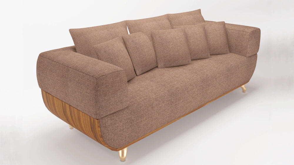 Modern Warm Brown Fabric Sofa with Rounded Silhouette, Golden Metal Legs & 5 Accent Pillows, Soft Textured Chenille Upholstery, Cozy Living Room Centerpiece