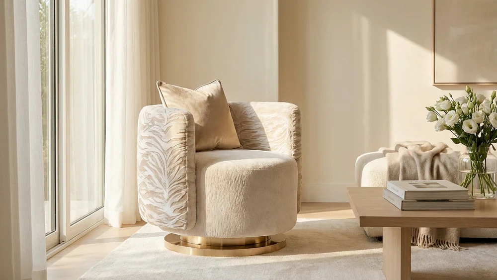 Modern Accent Chair with Soft Textured Fabric, Beige Grey Tweed Upholstery and Round Gold Metal Base - Stylish Comfortable Single Seater for Living Room, Bedroom, Reading Nook