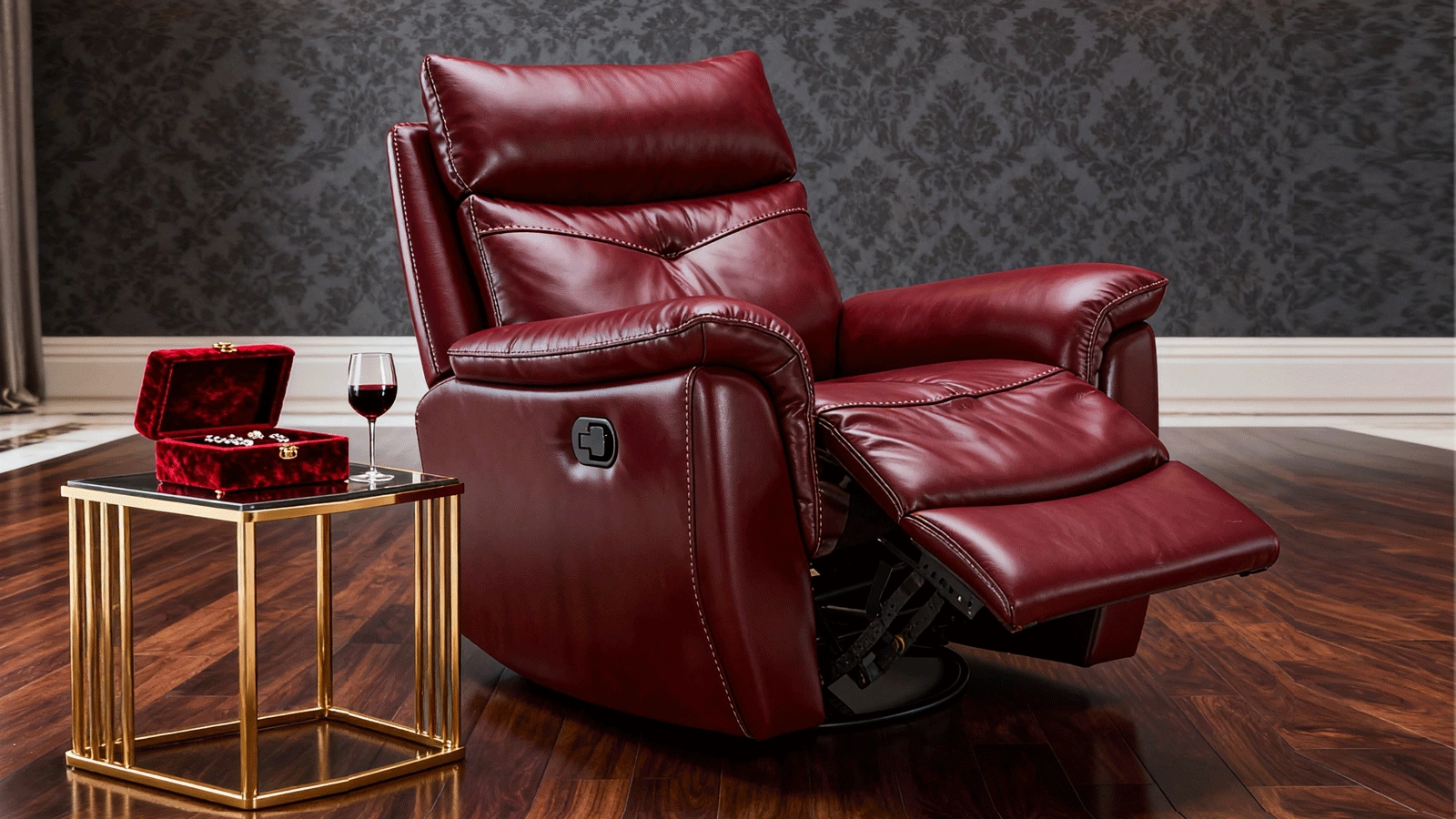 Burgundy Red Top-Grain Leather Recliner Chair, Manual Side-Lever Adjustable Single Seater, Puffy Barrel Lounge Chair for Living Room, Home Theater, and Modern Study