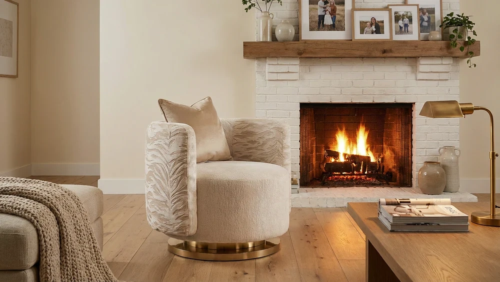 Modern Accent Chair with Soft Textured Fabric, Beige Grey Tweed Upholstery and Round Gold Metal Base - Stylish Comfortable Single Seater for Living Room, Bedroom, Reading Nook