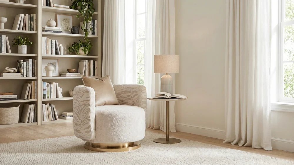 Modern Accent Chair with Soft Textured Fabric, Beige Grey Tweed Upholstery and Round Gold Metal Base - Stylish Comfortable Single Seater for Living Room, Bedroom, Reading Nook