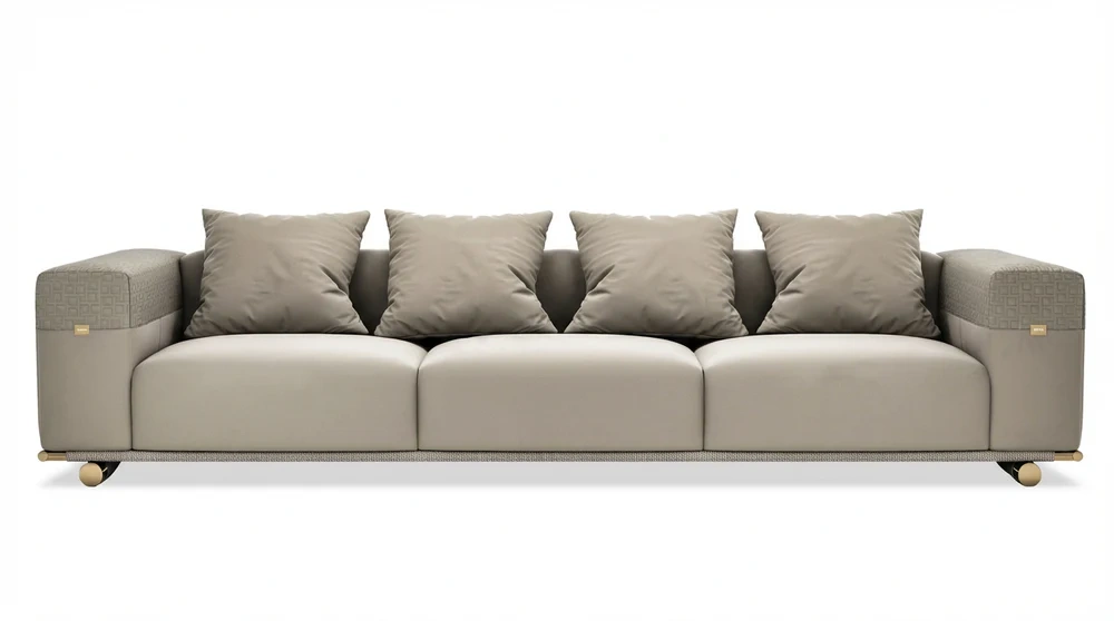 Modern 3-Seater Sofa in Light Beige Faux Leather with Geometric Fabric Accent Panels, Gold Roller Wheels & Included Cushions – Mid-Century Minimalist Living Room Couch