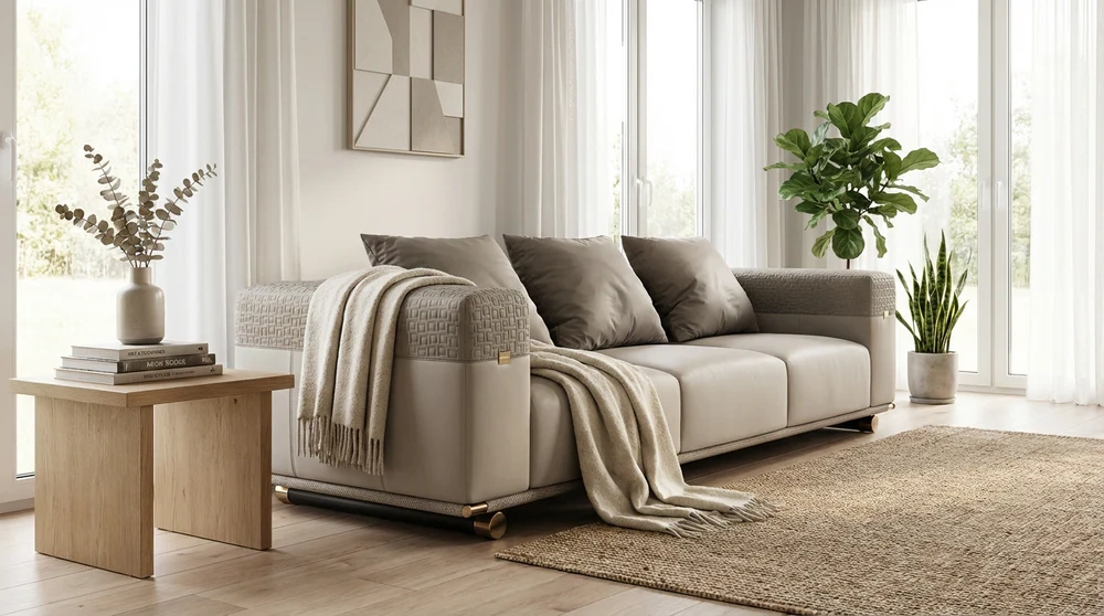 Modern 3-Seater Sofa in Light Beige Faux Leather with Geometric Fabric Accent Panels, Gold Roller Wheels & Included Cushions – Mid-Century Minimalist Living Room Couch