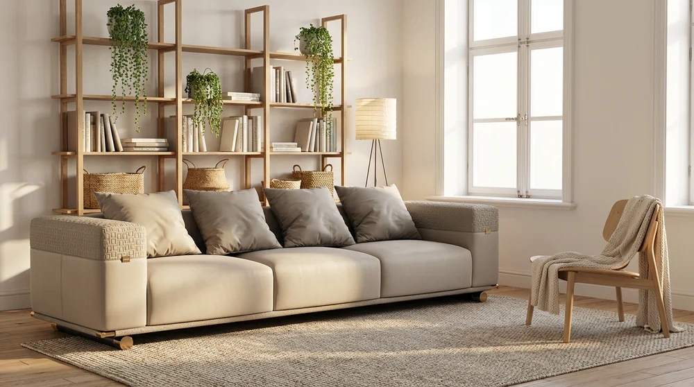 Modern 3-Seater Sofa in Light Beige Faux Leather with Geometric Fabric Accent Panels, Gold Roller Wheels & Included Cushions – Mid-Century Minimalist Living Room Couch