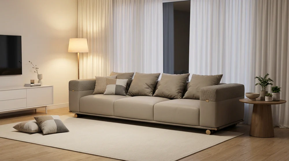 Modern 3-Seater Sofa in Light Beige Faux Leather with Geometric Fabric Accent Panels, Gold Roller Wheels & Included Cushions – Mid-Century Minimalist Living Room Couch