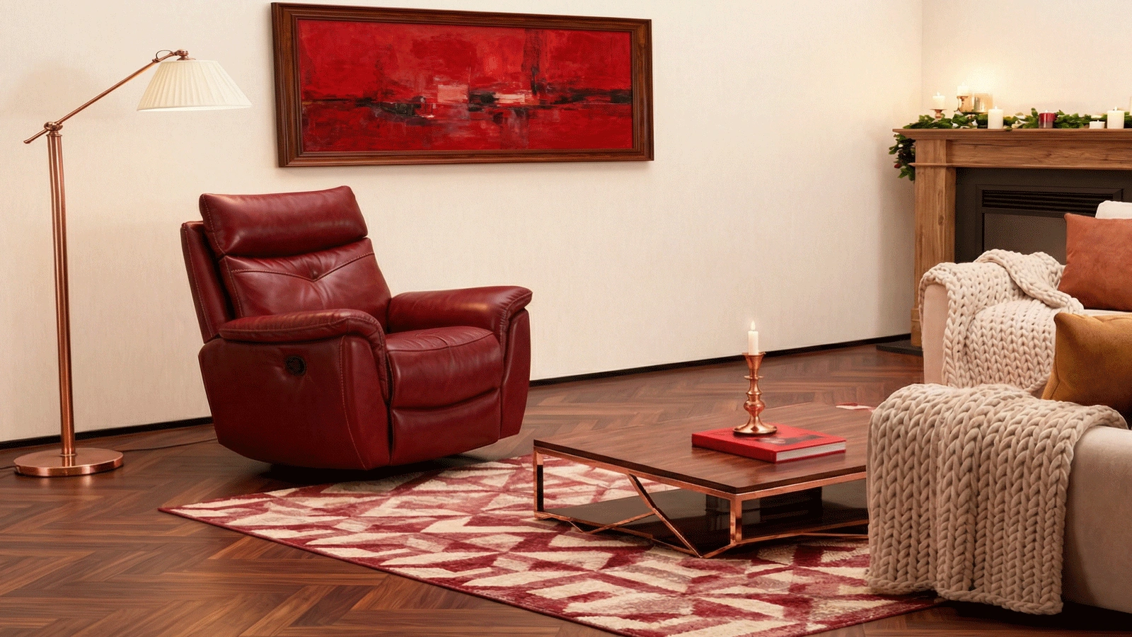 Burgundy Red Top-Grain Leather Recliner Chair, Manual Side-Lever Adjustable Single Seater, Puffy Barrel Lounge Chair for Living Room, Home Theater, and Modern Study
