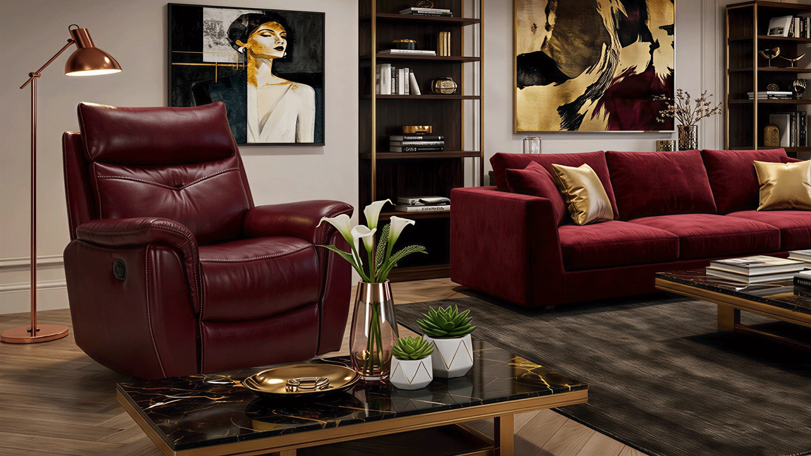 Burgundy Red Top-Grain Leather Recliner Chair, Manual Side-Lever Adjustable Single Seater, Puffy Barrel Lounge Chair for Living Room, Home Theater, and Modern Study