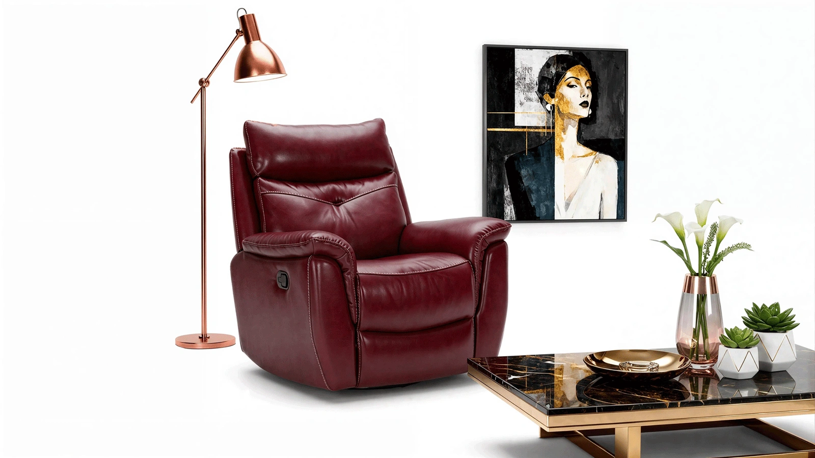 Burgundy Red Top-Grain Leather Recliner Chair, Manual Side-Lever Adjustable Single Seater, Puffy Barrel Lounge Chair for Living Room, Home Theater, and Modern Study