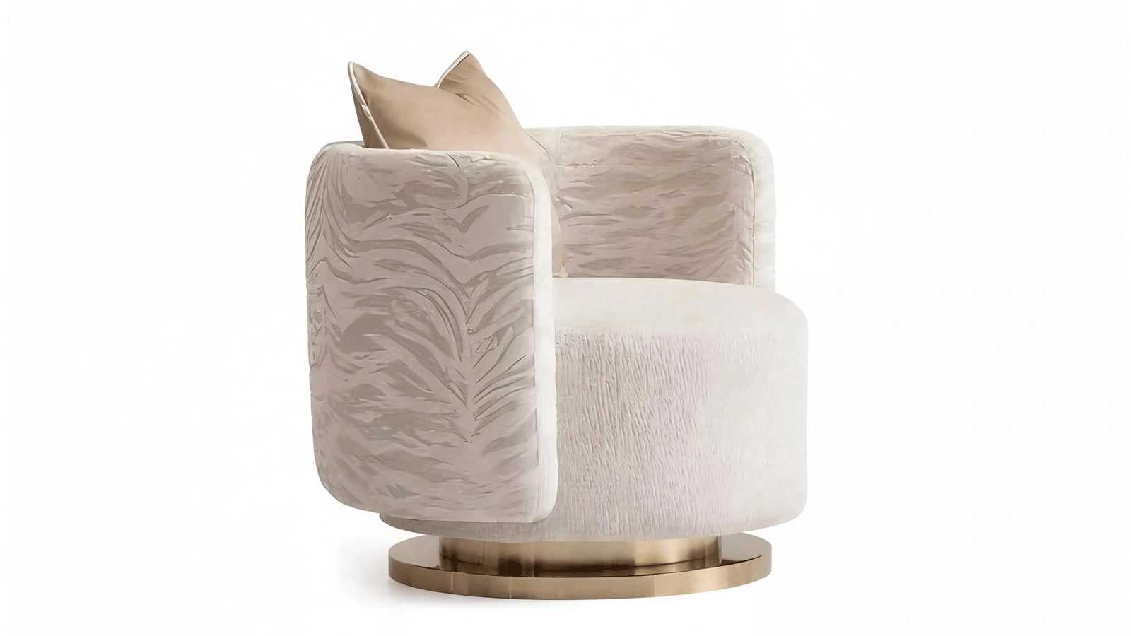 Modern Accent Chair with Soft Textured Fabric, Beige Grey Tweed Upholstery and Round Gold Metal Base - Stylish Comfortable Single Seater for Living Room, Bedroom, Reading Nook