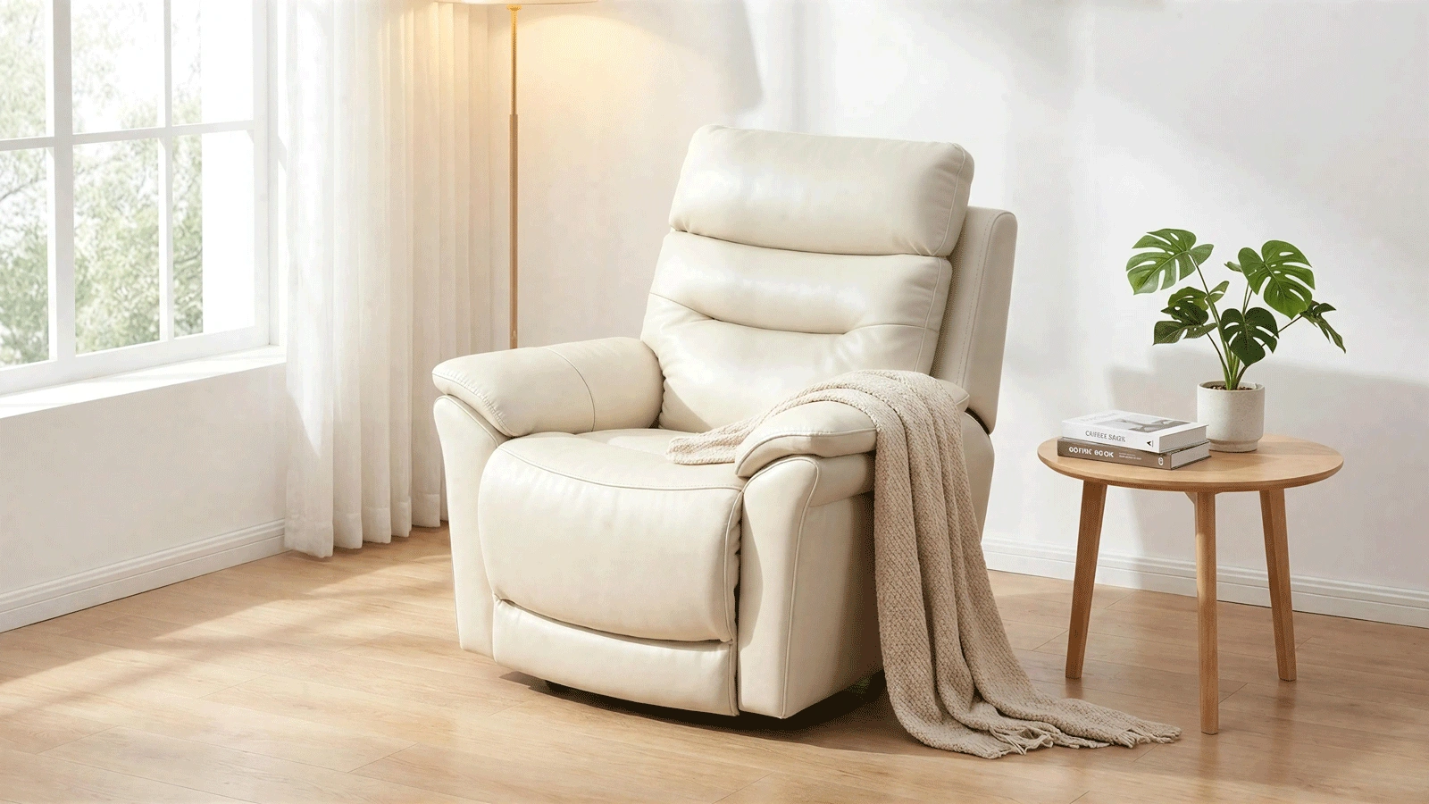 Modern White Faux Leather Recliner Chair with Ottoman, Minimalist Single Seater Accent Chair, Manual Side Lever, Lounge Chair for Bedroom, Living Room, Apartment
