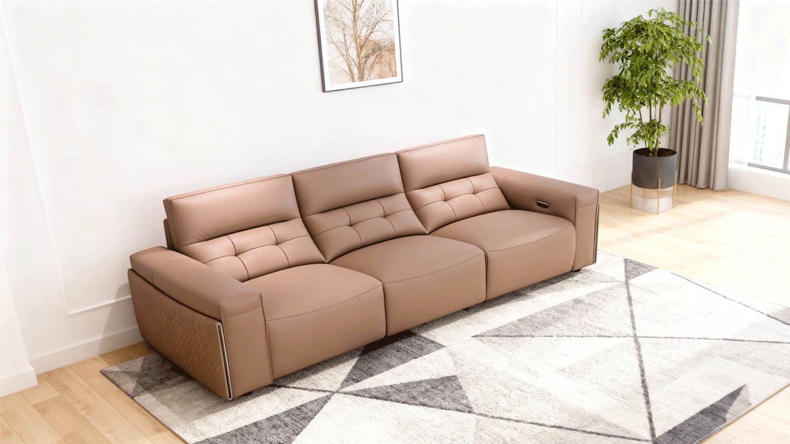 Anmytek Modern 3-Seater Leather Sofa – Luxurious Brown Leather Upholstery with Quilted Design, Plush Cushions, and Stylish Frame – Perfect for Contemporary Living Rooms