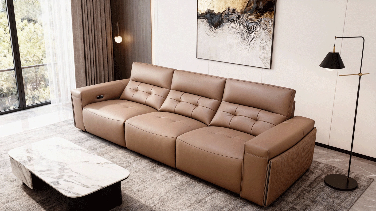 Anmytek Modern 3-Seater Leather Sofa – Luxurious Brown Leather Upholstery with Quilted Design, Plush Cushions, and Stylish Frame – Perfect for Contemporary Living Rooms