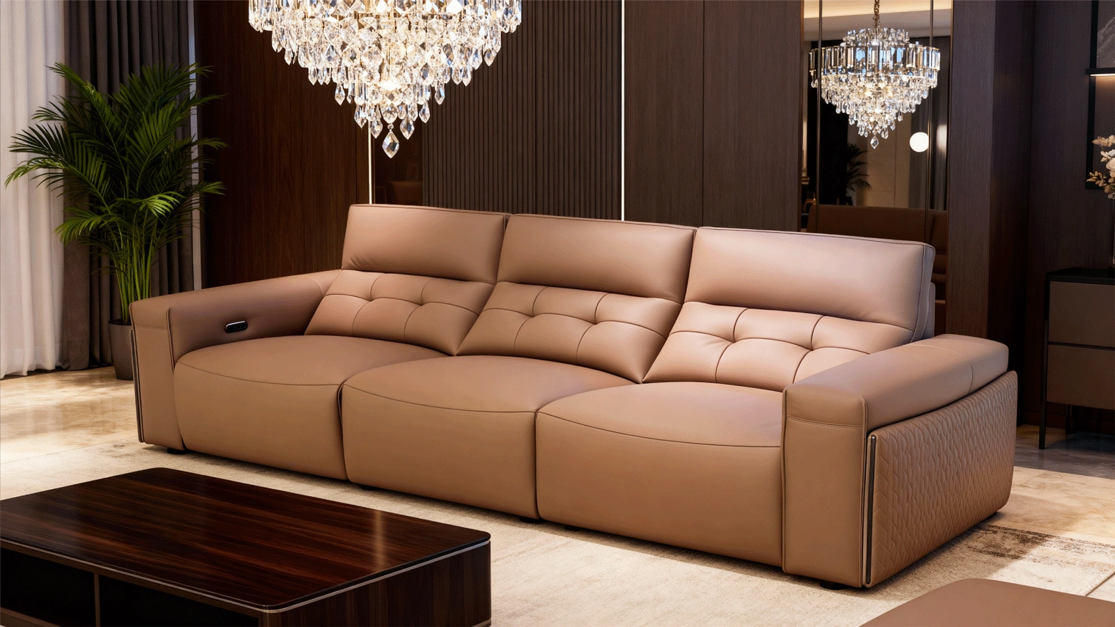 Anmytek Modern 3-Seater Leather Sofa – Luxurious Brown Leather Upholstery with Quilted Design, Plush Cushions, and Stylish Frame – Perfect for Contemporary Living Rooms