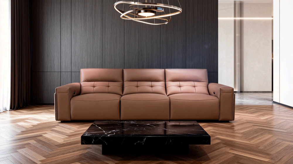 Anmytek Modern 3-Seater Leather Sofa – Luxurious Brown Leather Upholstery with Quilted Design, Plush Cushions, and Stylish Frame – Perfect for Contemporary Living Rooms