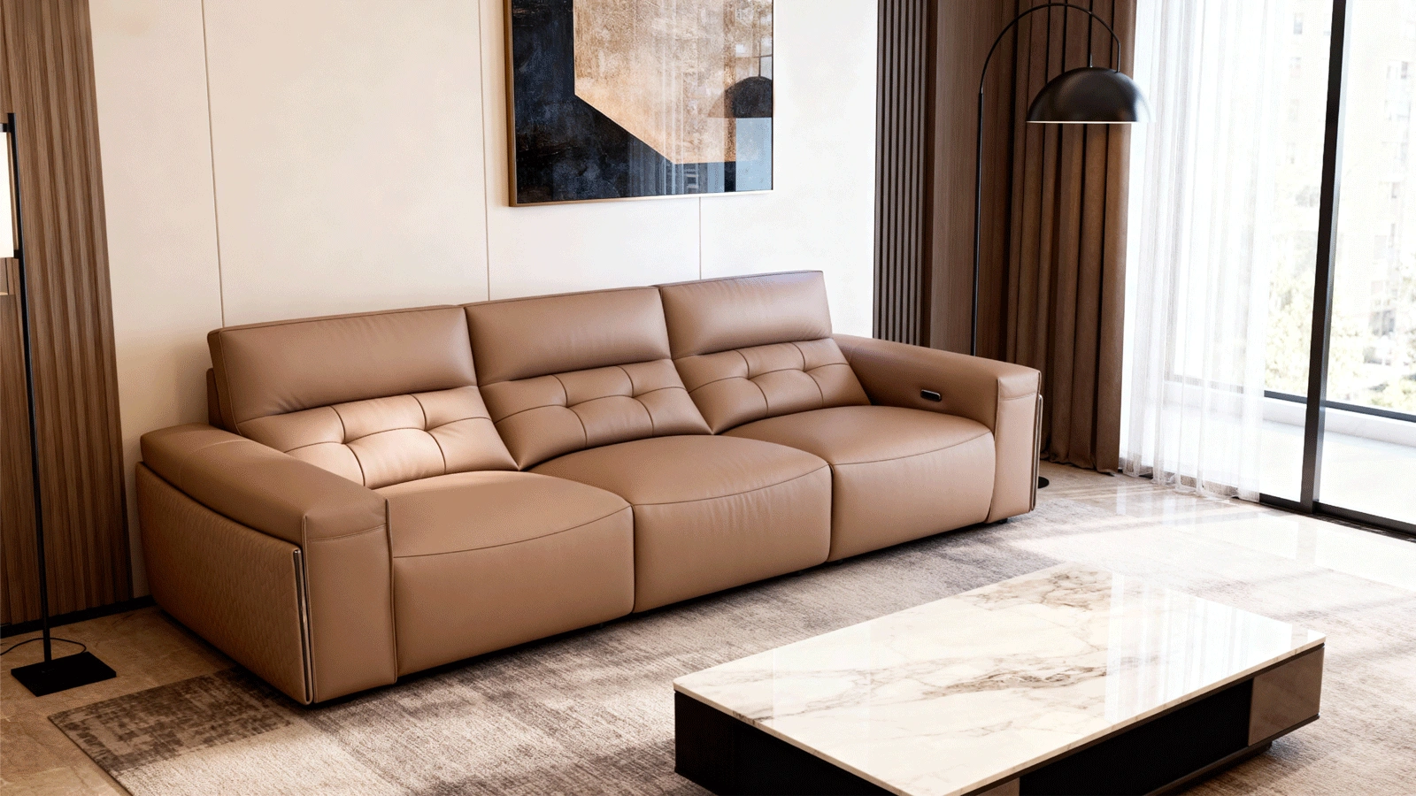 Anmytek Modern 3-Seater Leather Sofa – Luxurious Brown Leather Upholstery with Quilted Design, Plush Cushions, and Stylish Frame – Perfect for Contemporary Living Rooms