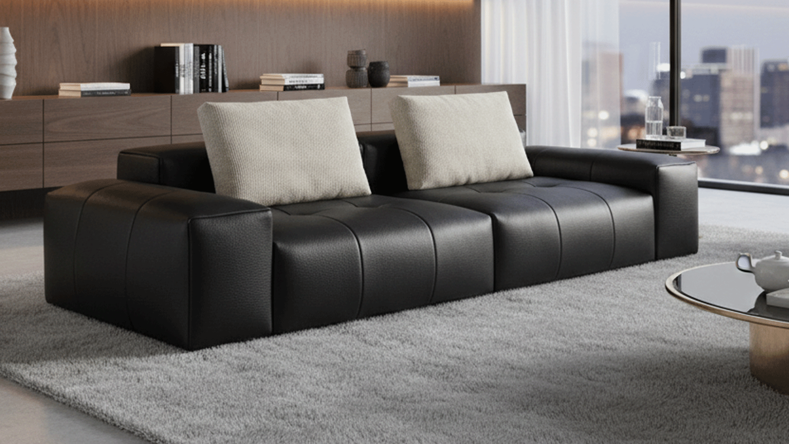 Anmytek Luxury Genuine Leather Sofa – Premium Black Leather Upholstery with Quilted Design, Plush Cushions, and Modern Frame – Comfortable and Elegant Living Room Furniture
