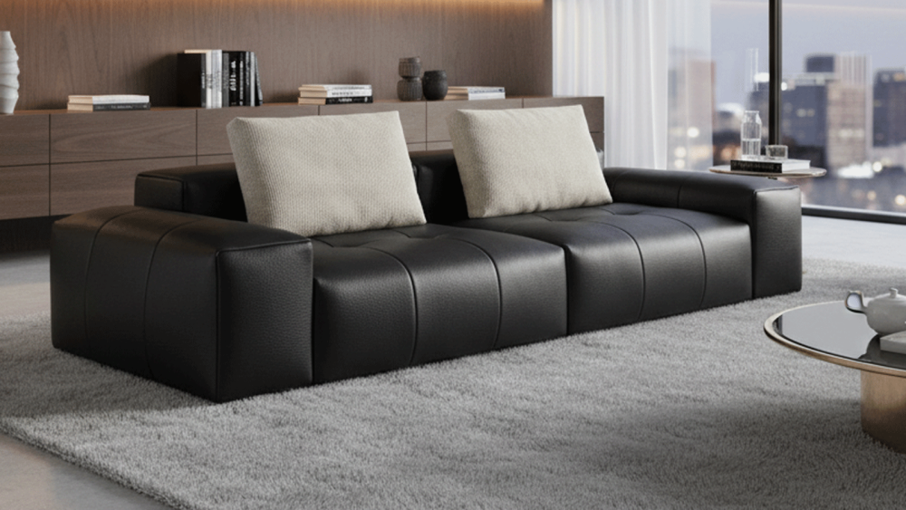 Anmytek Luxury Genuine Leather Sofa – Premium Black Leather Upholstery with Quilted Design, Plush Cushions, and Modern Frame – Comfortable and Elegant Living Room Furniture